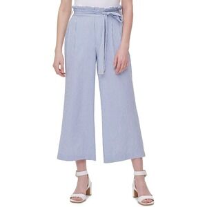 NWT Calvin Klein Blue Striped Pants Sz L Paper Bag Waist Cropped Wide Leg Belted